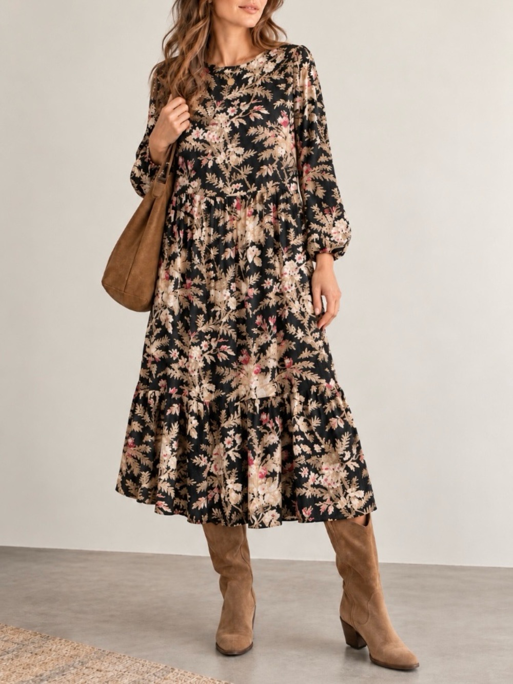 H&M Black Botanical Floral Tiered Midi Dress New